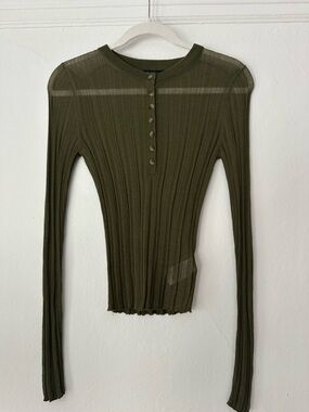 GAP Olive Green Ribbed Sheer Button Henley Long Sleeve Top